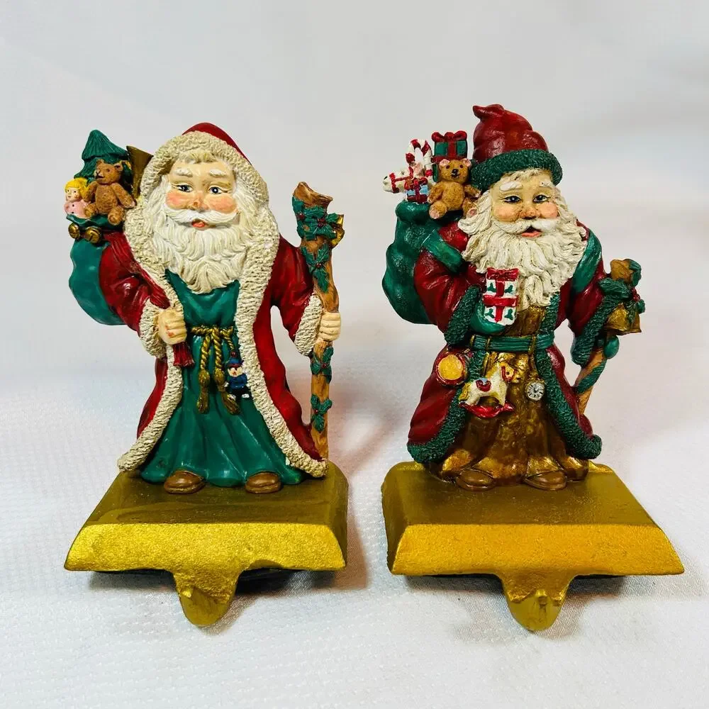 2 Cast Iron Base Hand Painted Santa Stocking Holder Vintage Christmas